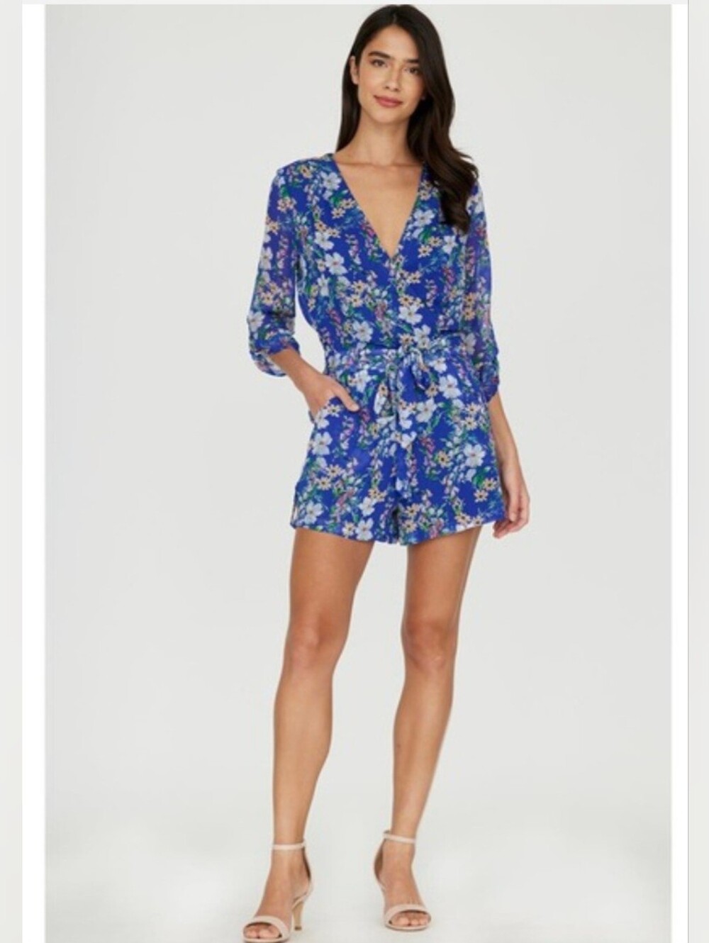 Yumi Kim Romper Liz Blue Floral Belted Pockets Size XS NEW